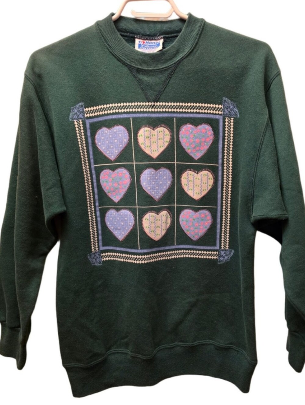 Vintage 90s Hanes Heart Quilt Graphic Sweatshirt Green Cottagecore M